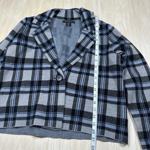 Tahari Black Gray Blue Plaid Cropped One Button Blazer Jacket Long Sleeve Large - Picture 6 of 12